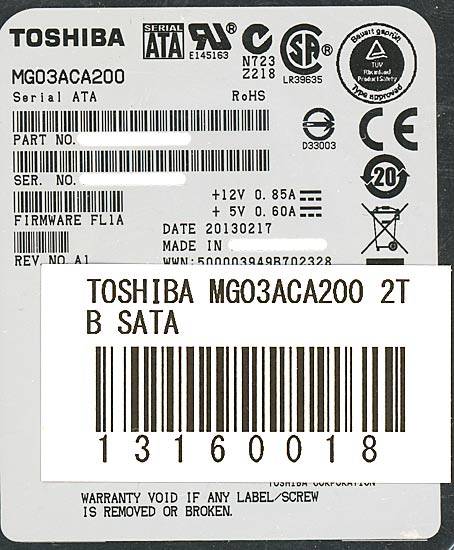 【新品】TOSHIBA製HDD　MG03ACA200　2TB SATA600 7200