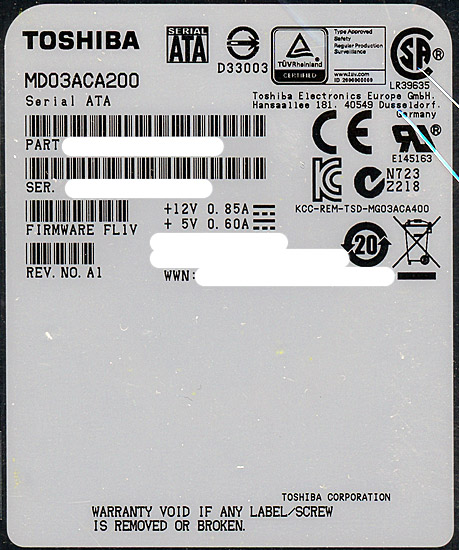 【新品】TOSHIBA製HDD　MD03ACA200　2TB SATA600 7200
