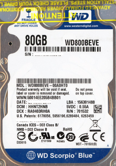 【新品】WesternDigital HDD 2.5inch　WD800BEVE　80GB 9.5mm