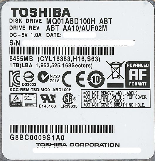 【新品】TOSHIBA(東芝) ノート用HDD 2.5inch　MQ01ABD100H　1TB