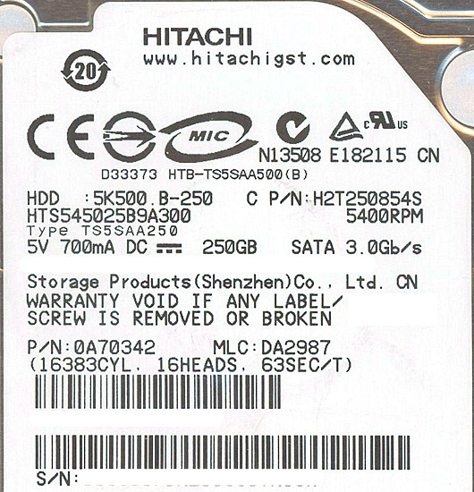 【新品】HITACHI ノート用HDD 2.5inch　HTS545025B9A300　250GB