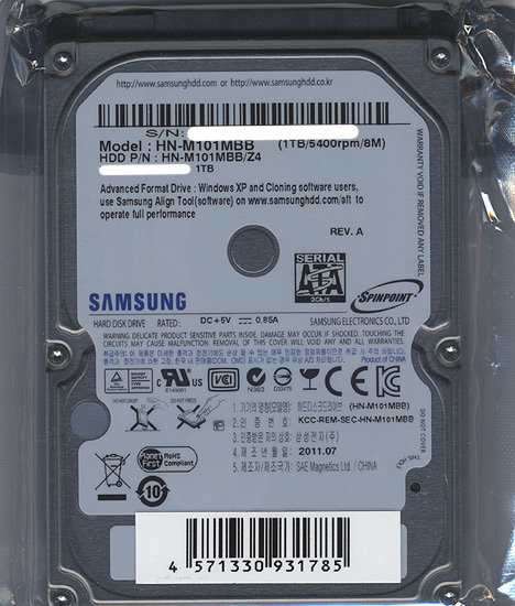 【新品】Samsung製 ノート用HDD 2.5inch HN-M101MBB 1TB 9.5mm