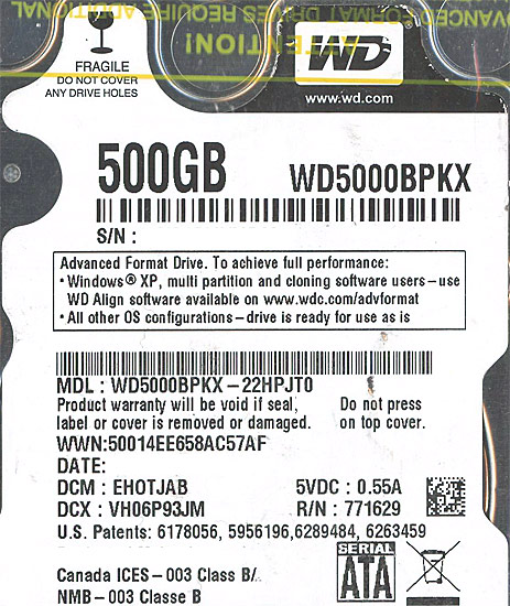 【新品】WesternDigital HDD 2.5inch　WD5000BPKX　500GB 9.5mm