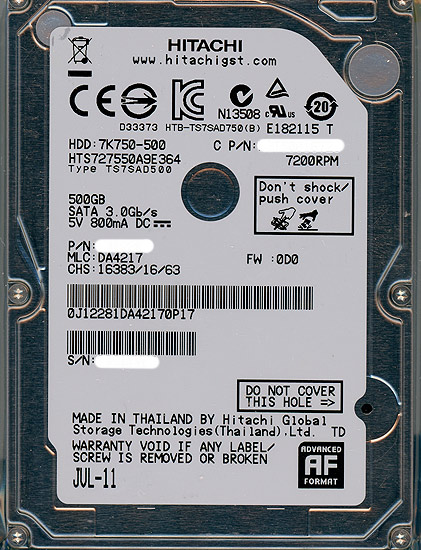 【新品】HITACHI ノート用HDD HTS727550A9E364 500GB 7200rpm