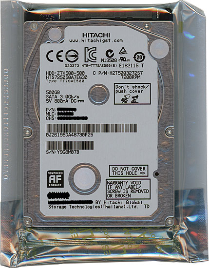 【新品】HITACHI ノート用HDD　HTS725050A7E630　500GB 7200rpm