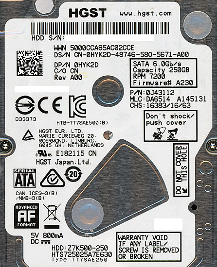 【新品】HITACHI ノート用HDD　HTS725025A7E630　250GB 7200rpm