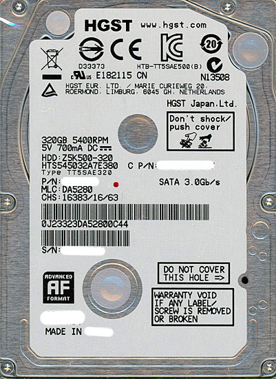 【新品】HITACHI ノート用HDD 2.5inch　HTS545032A7E380　320GB