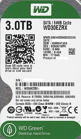 【中古】Western Digital HDD　WD30EZRX　3TB SATA600　2000〜3000時間以内