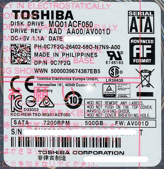 【中古】TOSHIBA(東芝) ノート用HDD 2.5inch　MQ01ACF050　500GB　3000〜4000時間以内