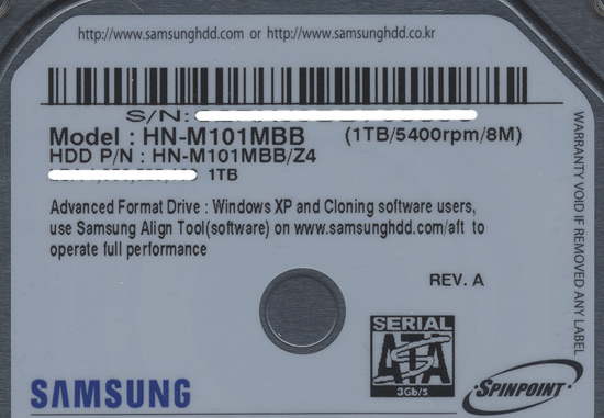 【中古】Samsung製 ノート用HDD 2.5inch　HN-M101MBB　1TB 9.5mm　3000〜4000時間以内