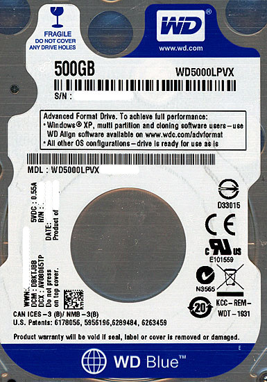 【中古】Western Digital製HDD　WD5000LPVX　500GB SATA600　2000〜3000時間以内
