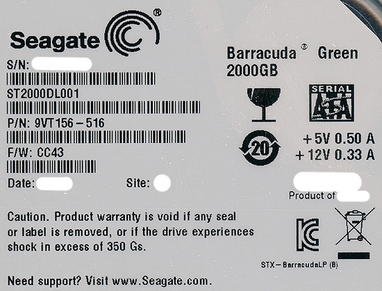 【中古】SEAGATE製HDD ST2000DL001 2TB SATA600 5900 100〜200時間以内