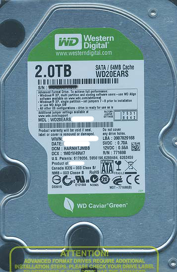【中古】Western Digital製HDD　WD20EARS　2TB SATA300　3000〜4000時間以内