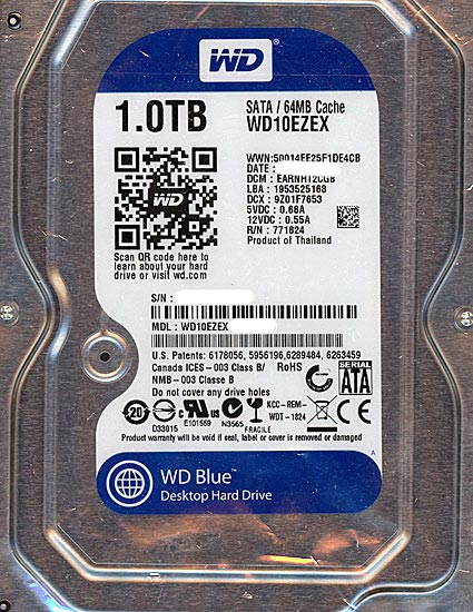 【中古】Western Digital製HDD　WD10EZEX　1TB SATA600 7200　1000〜2000時間以内
