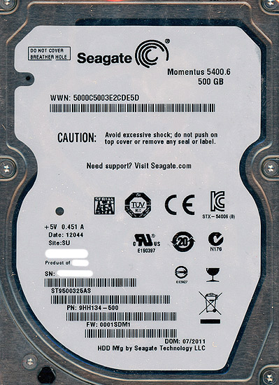 【中古】SEAGATE製HDD ST9500325AS 500GB 5400rpm 5000〜6000時間以内