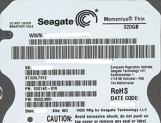 【中古】SEAGATE ノート用HDD 2.5inch　ST320LT012 320GB 7mm　1000〜2000時間以内