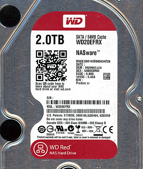 【中古】Western Digital製HDD　WD20EFRX　2TB SATA600　1000〜2000時間以内