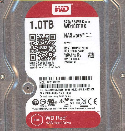 【中古】Western Digital製HDD　WD10EFRX　1TB SATA600　0〜100時間以内