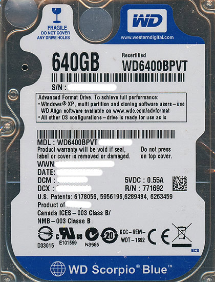 【中古】WesternDigital HDD 2.5inch　WD6400BPVT　640GB 9.5mm　500〜1000時間以内