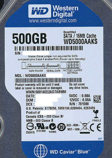 【中古】Western Digital製HDD WD5000AAKS 500GB SATA300 5000〜6000時間以内