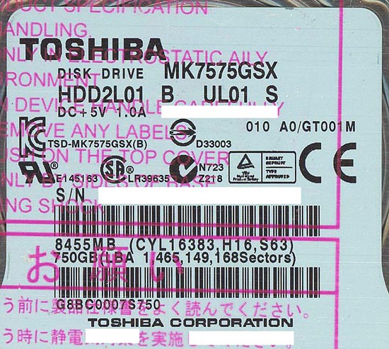 【中古】TOSHIBA(東芝) ノート用HDD 2.5inch　MK7575GSX　750GB　2000〜3000時間以内