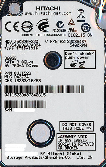 【中古】HITACHI ノート用HDD 2.5inch　HTS543232A7A384　320GB　3000〜4000時間以内