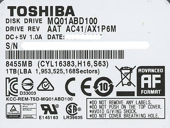 【中古】TOSHIBA(東芝) ノート用HDD 2.5inch　MQ01ABD100　1TB　7000〜8000時間以内