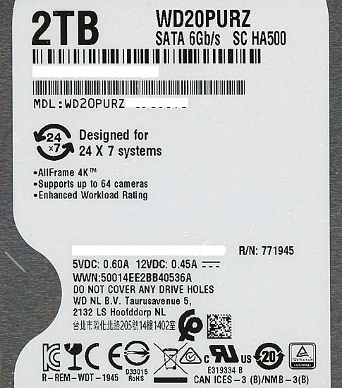 【中古】Western Digital製HDD　WD20PURZ　2TB SATA600 5400　0〜100時間以内