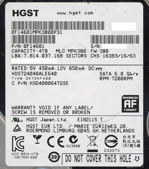 【中古】HITACHI製HDD　HDS724040ALE640　4TB SATA600 7200　1000〜2000時間以内