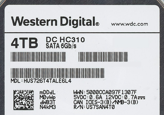 【中古】Western Digital製HDD　HUS726T4TALE6L4　4TB SATA600 7200　0〜100時間以内