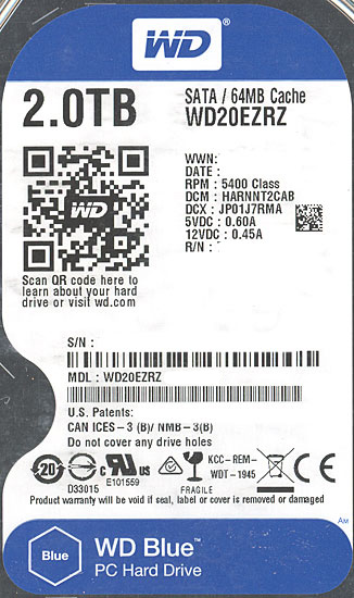 【中古】Western Digital製HDD　WD20EZRZ　2TB SATA600　0〜100時間以内
