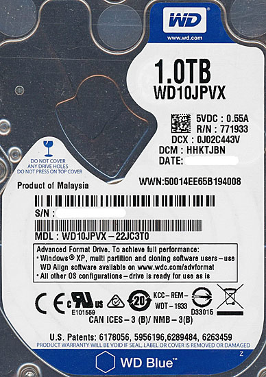【中古】WesternDigital ノート用HDD 2.5inch　WD10JPVX　1TB　2000〜3000時間以内