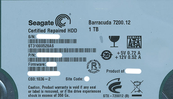 【中古】SEAGATE製HDD　ST31000528AS　1TB SATA300 7200　1000〜2000時間以内