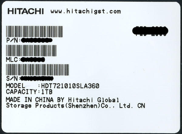 【中古】HITACHI製HDD　HDT721010SLA360　1.0TB SATA300 7200　7000〜8000時間以内