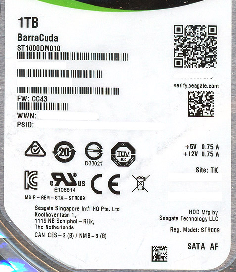 【中古】SEAGATE製HDD　ST1000DM010　1TB SATA600 7200　6000〜7000時間以内