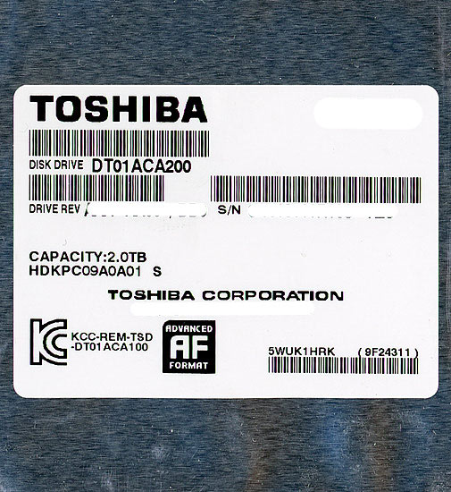 【中古】TOSHIBA製HDD　DT01ACA200　2TB SATA600 7200　3000〜4000時間以内