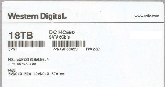 【中古】Western Digital製HDD　WUH721818ALE6L4　18TB SATA600 7200　6000〜7000時間以内