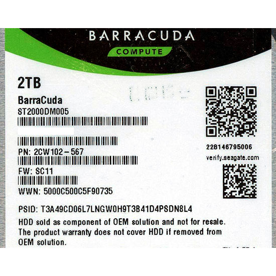 【中古】SEAGATE製HDD　ST2000DM005　2TB SATA600 5400　1000〜2000時間以内