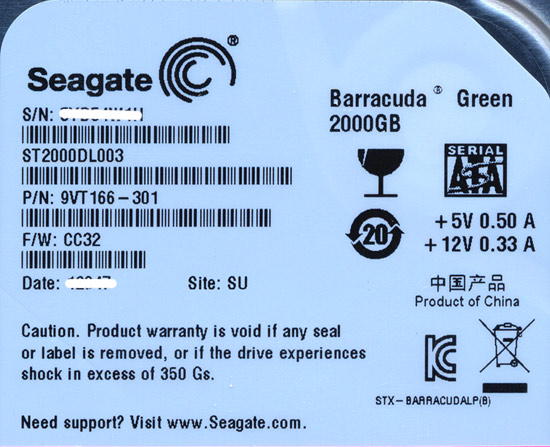【中古】SEAGATE製HDD　ST2000DL003　2TB SATA600 5900　2000〜3000時間以内