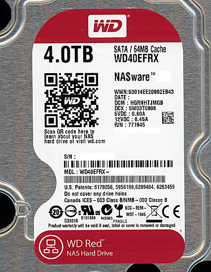 【中古】Western Digital製HDD　WD40EFRX　4TB SATA600　1000〜2000時間以内