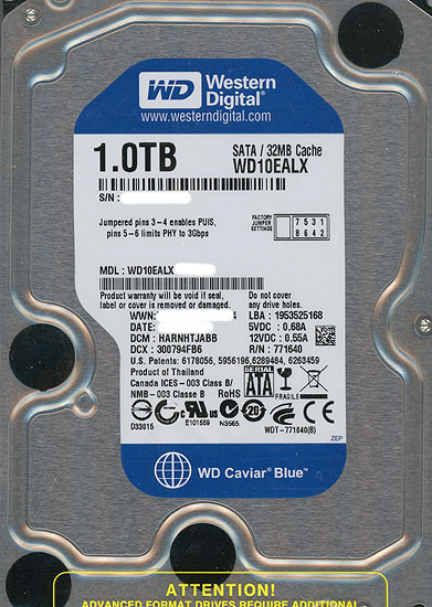 【中古】Western Digital製HDD　WD10EALX　1TB SATA600　3000〜4000時間以内