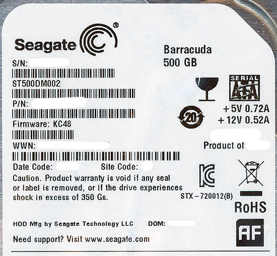 【中古】SEAGATE製HDD　ST500DM002　500GB SATA600 7200　500〜1000時間以内