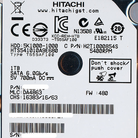 【中古】HITACHI ノート用HDD 2.5inch　HTS541010A9E680　1TB　2000〜3000時間以内