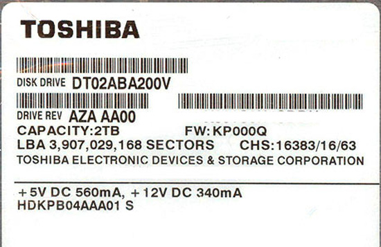 【中古】TOSHIBA製HDD　DT02ABA200V　2TB SATA600 5400　1000〜2000時間以内