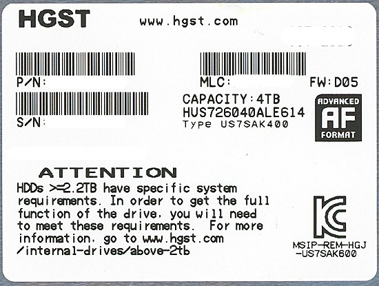 【中古】HGST製HDD　HUS726040ALE614　4TB SATA600 7200　500〜1000時間以内
