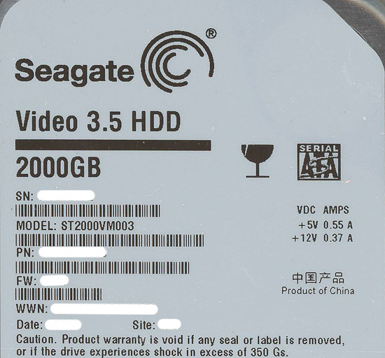 【中古】SEAGATE製HDD　ST2000VM003　2TB SATA600 5900　2000〜3000時間以内