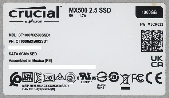 【中古】crucial　2.5インチ 内蔵型 SSD MX500 CT1000MX500SSD1　1TB　2000〜3000時間以内