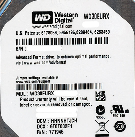 【中古】Western Digital製HDD　WD30EURX　3TB SATA600　2000〜3000時間以内