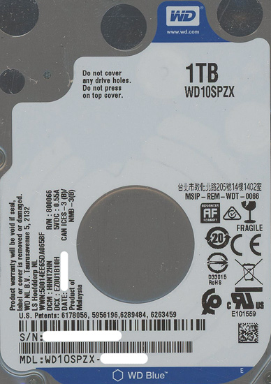 【中古】WesternDigital HDD 2.5inch　WD10SPZX　1TB 7mm　500〜1000時間以内