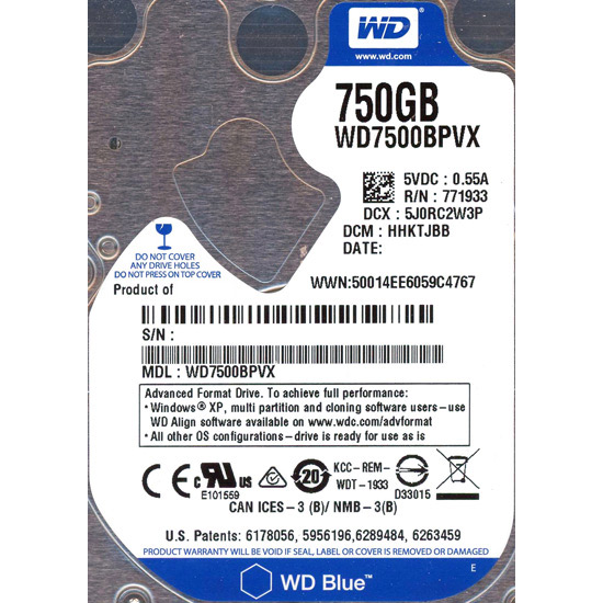 【中古】WesternDigital HDD 2.5inch　WD7500BPVX　750GB 9.5mm　5000〜6000時間以内
